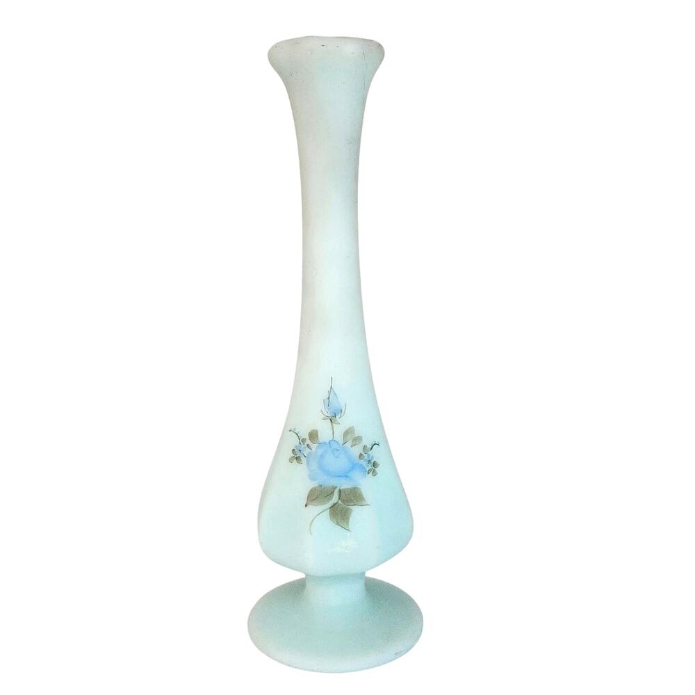 Vintage Fenton Bud Vase Blue Roses Hand Painted Satin Glass Artist Signed MCM